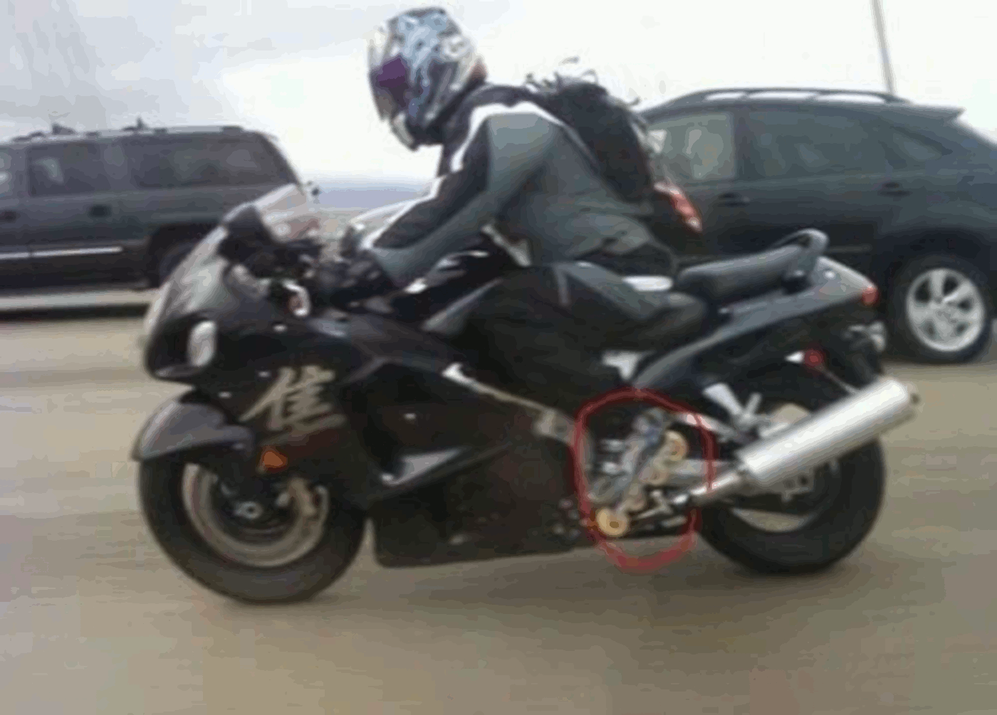 Motorcycle with prosthetic skate highlighted