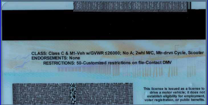 California driver license back with restriction information